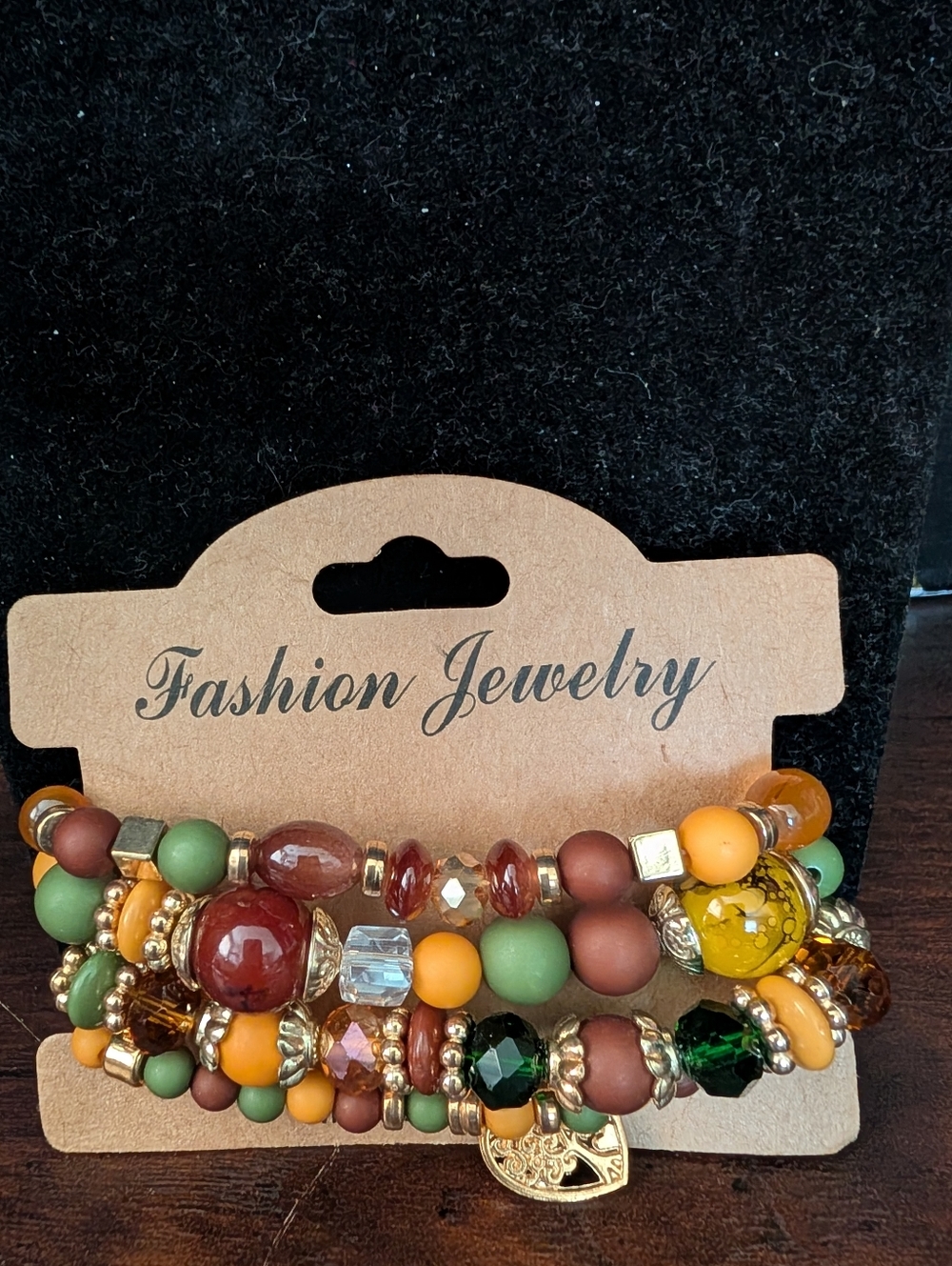 Fashion Jewelry Green, Mustard and Brown Beaded Bracelet Stack